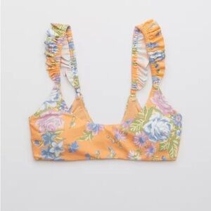New - Aerie Floral Printed Ruffle Scoop Bikini Top in Apricot Wash
